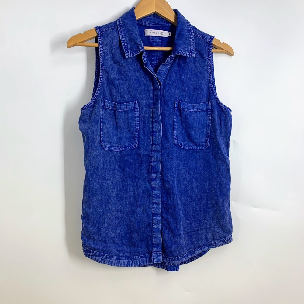 Billy T Womens Sleeveless Denim Button Down Shirt Blue Stripe Medium Pocket Vest